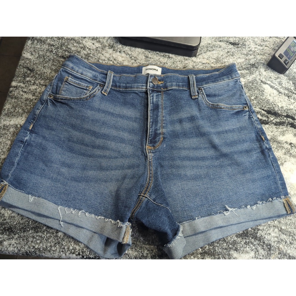 Sonoma Womens Denim Jean Shorts Size 12 Mid-Rise Stretch Rolled Cuffed